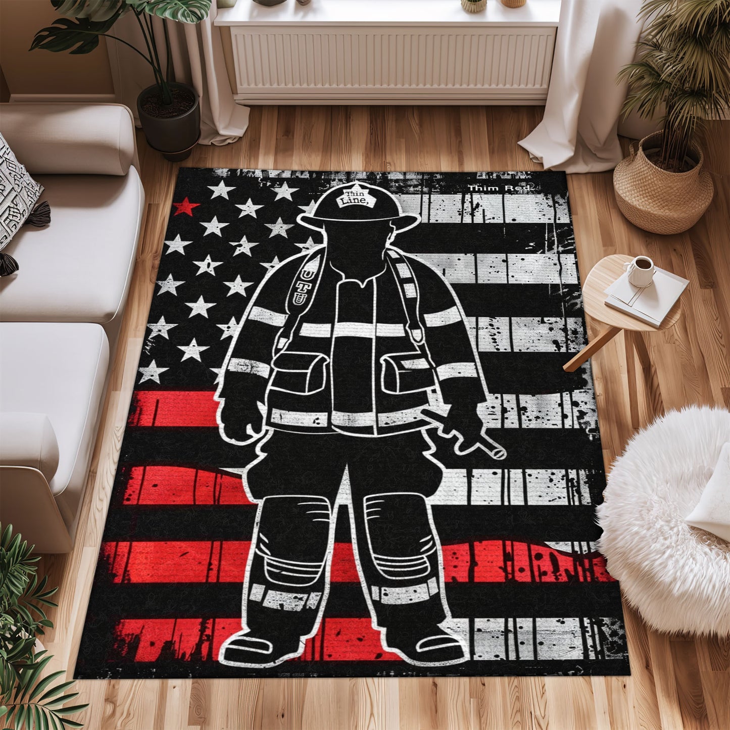 Bold Fire Truck in Front of the USA Flag Area Rug: Show Support for First Responders and Nation, Firefighter Rugs for Living Room Bedroom, Firefighter Rectangular Rugs Full Size FR60