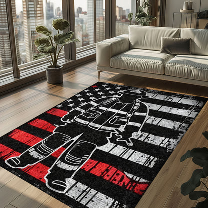 Bold Fire Truck in Front of the USA Flag Area Rug: Show Support for First Responders and Nation, Firefighter Rugs for Living Room Bedroom, Firefighter Rectangular Rugs Full Size FR60