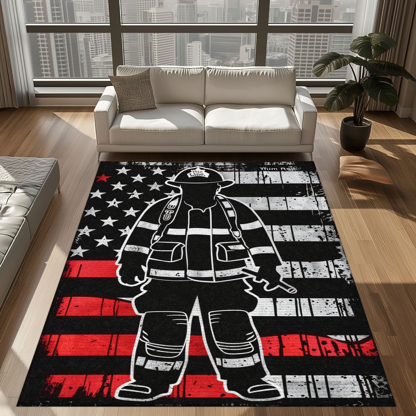 Bold Fire Truck in Front of the USA Flag Area Rug: Show Support for First Responders and Nation, Firefighter Rugs for Living Room Bedroom, Firefighter Rectangular Rugs Full Size FR60