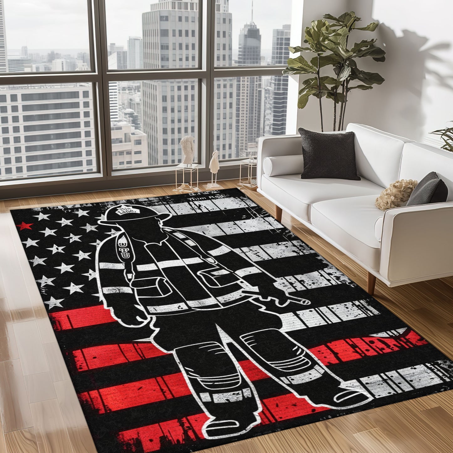 Bold Fire Truck in Front of the USA Flag Area Rug: Show Support for First Responders and Nation, Firefighter Rugs for Living Room Bedroom, Firefighter Rectangular Rugs Full Size FR60