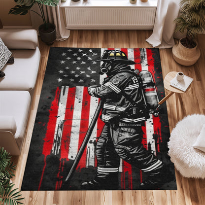 Bold Fire Truck in Front of the USA Flag Area Rug: Show Support for First Responders and Nation, Firefighter Rugs for Living Room Bedroom, Firefighter Rectangular Rugs Full Size FR60