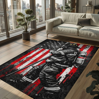 Bold Fire Truck in Front of the USA Flag Area Rug: Show Support for First Responders and Nation, Firefighter Rugs for Living Room Bedroom, Firefighter Rectangular Rugs Full Size FR60