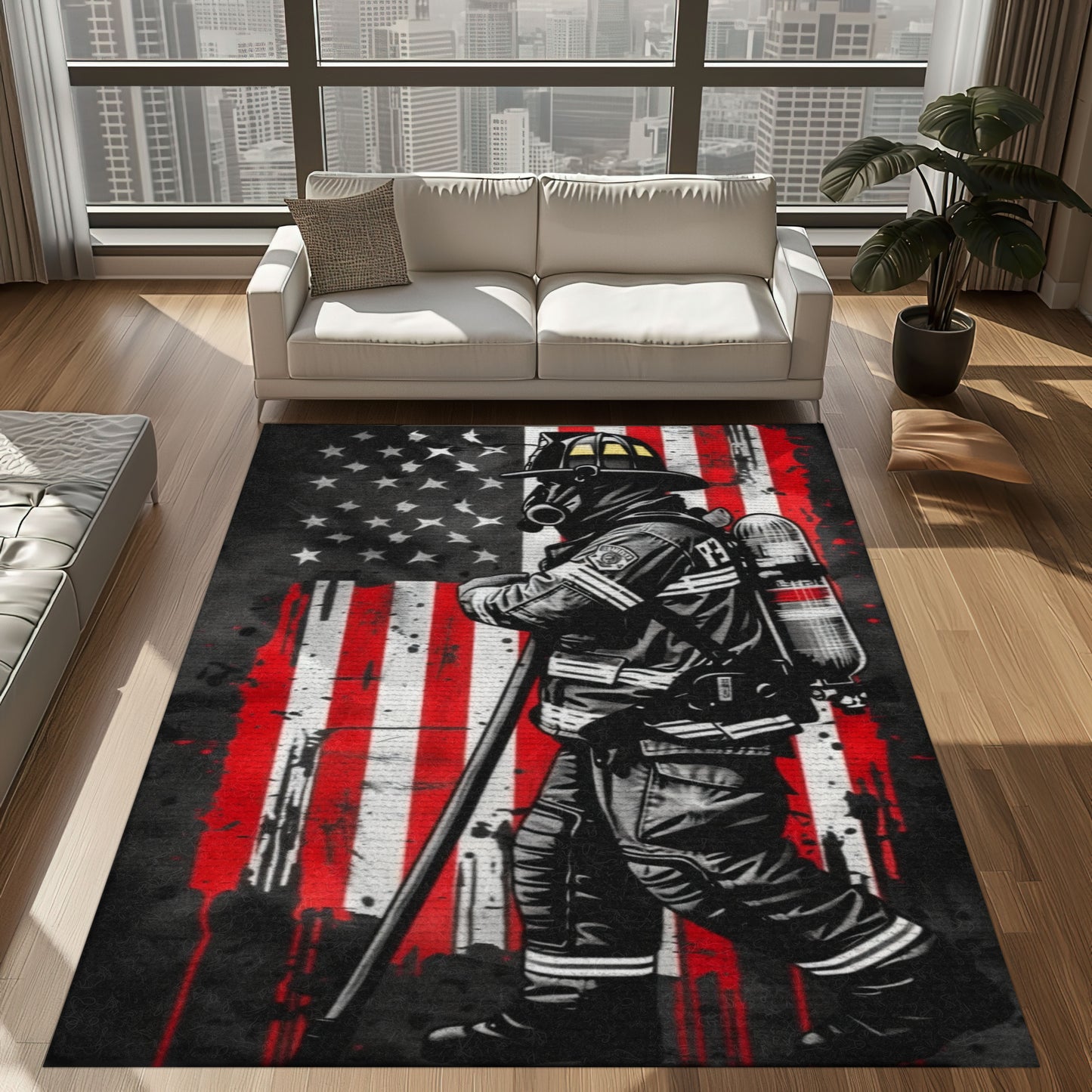 Bold Fire Truck in Front of the USA Flag Area Rug: Show Support for First Responders and Nation, Firefighter Rugs for Living Room Bedroom, Firefighter Rectangular Rugs Full Size FR60