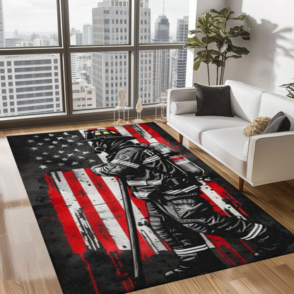 Bold Fire Truck in Front of the USA Flag Area Rug: Show Support for First Responders and Nation, Firefighter Rugs for Living Room Bedroom, Firefighter Rectangular Rugs Full Size FR60