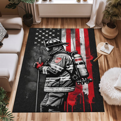 Bold Fire Truck in Front of the USA Flag Area Rug: Show Support for First Responders and Nation, Firefighter Rugs for Living Room Bedroom, Firefighter Rectangular Rugs Full Size FR60