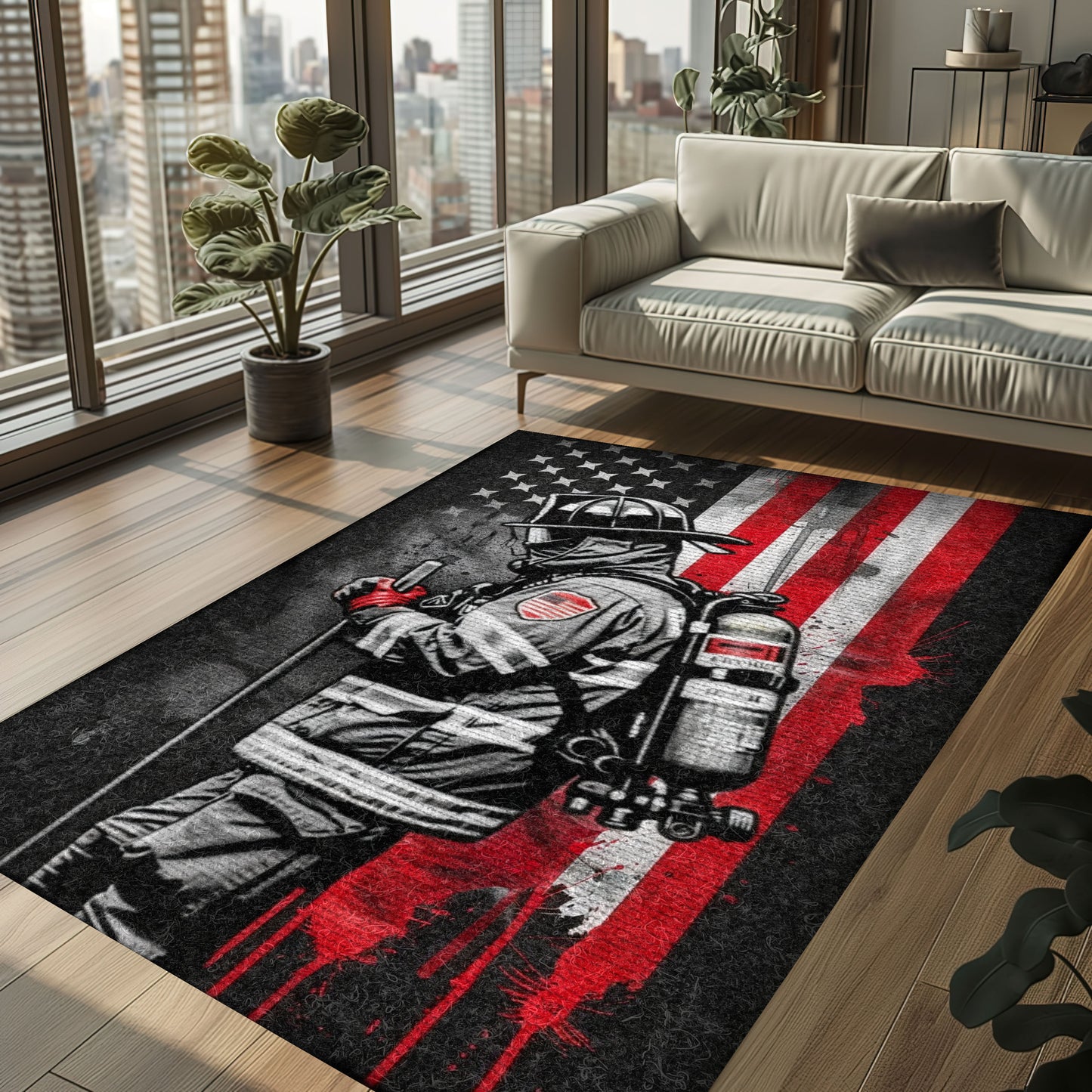 Bold Fire Truck in Front of the USA Flag Area Rug: Show Support for First Responders and Nation, Firefighter Rugs for Living Room Bedroom, Firefighter Rectangular Rugs Full Size FR60