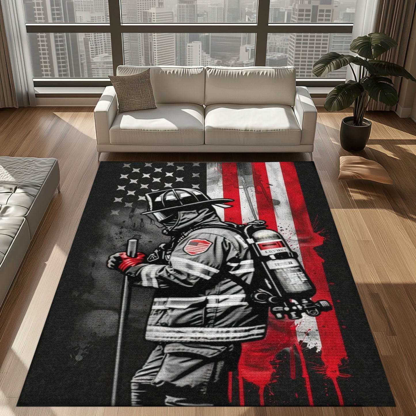 Bold Fire Truck in Front of the USA Flag Area Rug: Show Support for First Responders and Nation, Firefighter Rugs for Living Room Bedroom, Firefighter Rectangular Rugs Full Size FR60