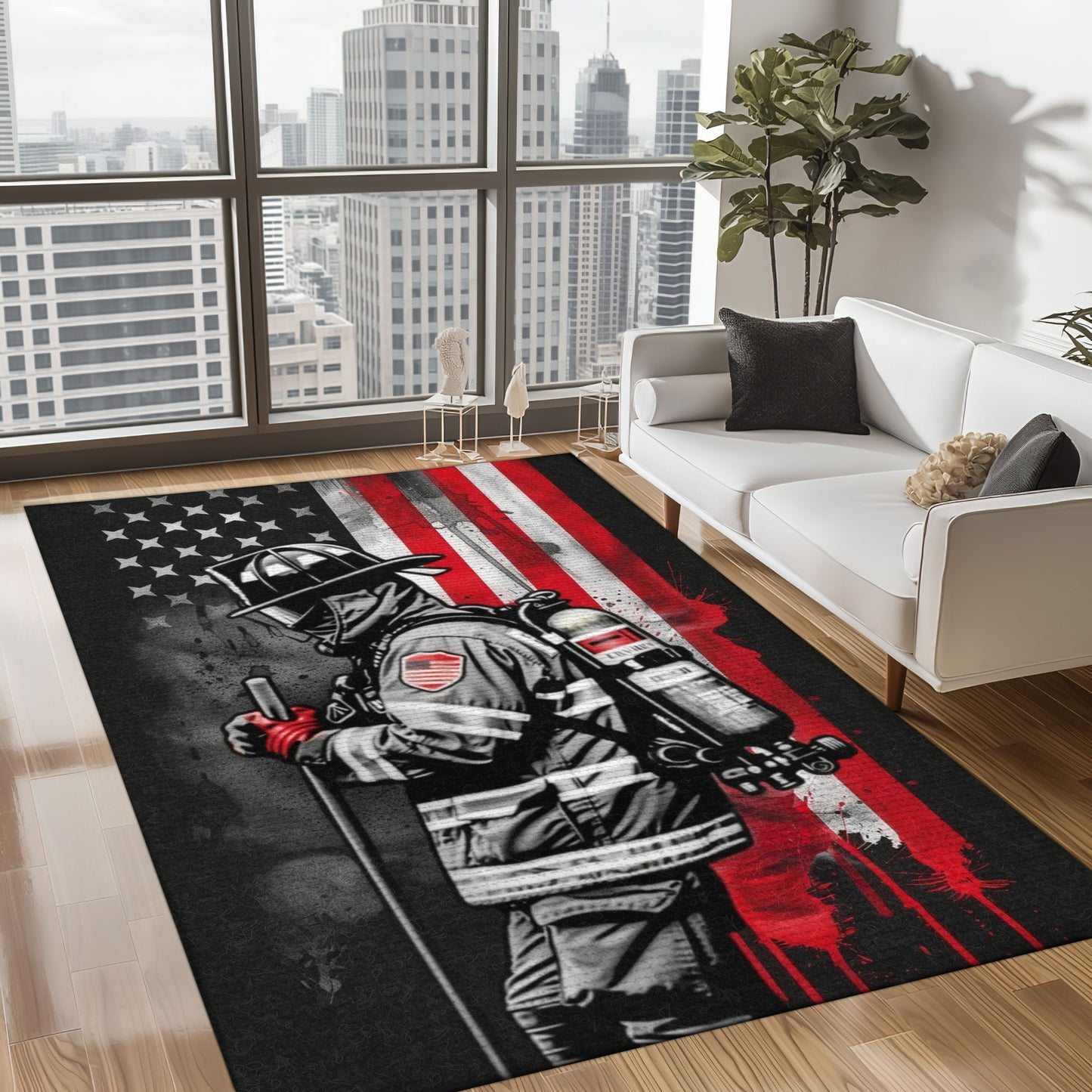 Bold Fire Truck in Front of the USA Flag Area Rug: Show Support for First Responders and Nation, Firefighter Rugs for Living Room Bedroom, Firefighter Rectangular Rugs Full Size FR60