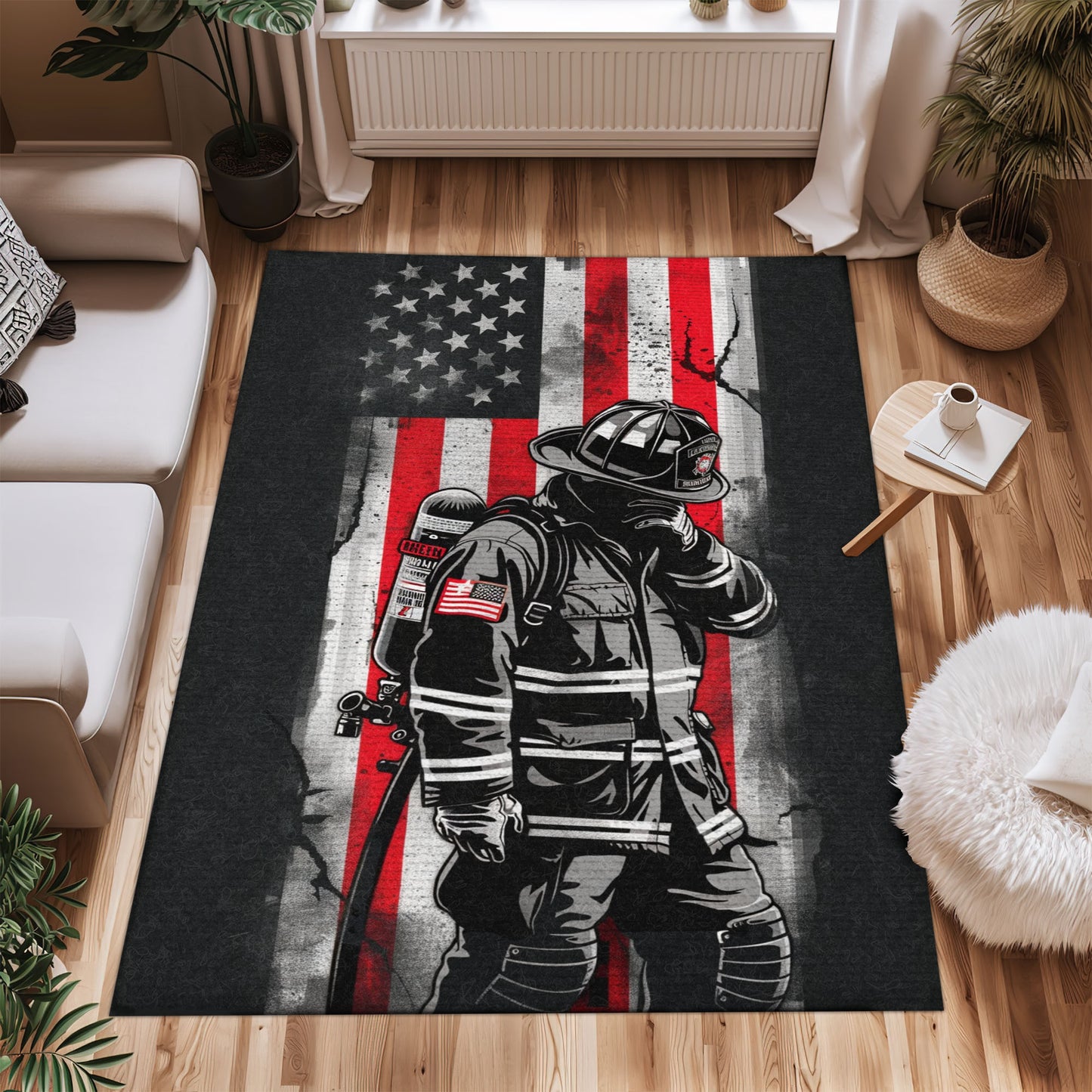 Bold Fire Truck in Front of the USA Flag Area Rug: Show Support for First Responders and Nation, Firefighter Rugs for Living Room Bedroom, Firefighter Rectangular Rugs Full Size FR60