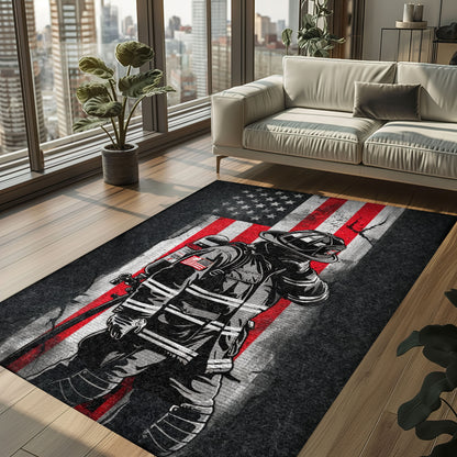 Bold Fire Truck in Front of the USA Flag Area Rug: Show Support for First Responders and Nation, Firefighter Rugs for Living Room Bedroom, Firefighter Rectangular Rugs Full Size FR60