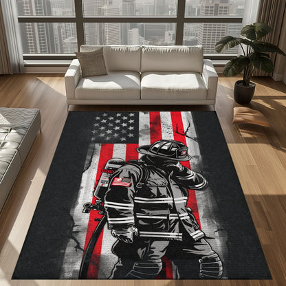 Bold Fire Truck in Front of the USA Flag Area Rug: Show Support for First Responders and Nation, Firefighter Rugs for Living Room Bedroom, Firefighter Rectangular Rugs Full Size FR60