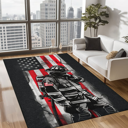 Bold Fire Truck in Front of the USA Flag Area Rug: Show Support for First Responders and Nation, Firefighter Rugs for Living Room Bedroom, Firefighter Rectangular Rugs Full Size FR60