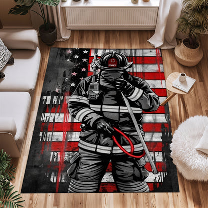 Bold Fire Truck in Front of the USA Flag Area Rug: Show Support for First Responders and Nation, Firefighter Rugs for Living Room Bedroom, Firefighter Rectangular Rugs Full Size FR60