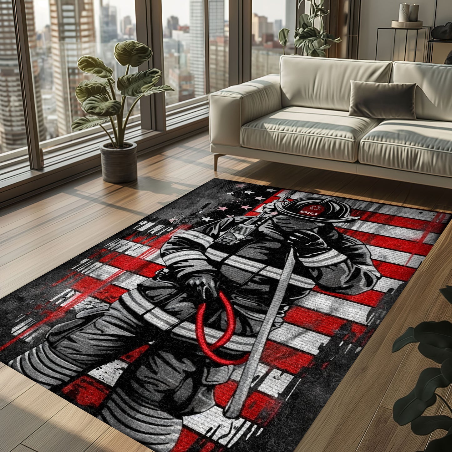 Bold Fire Truck in Front of the USA Flag Area Rug: Show Support for First Responders and Nation, Firefighter Rugs for Living Room Bedroom, Firefighter Rectangular Rugs Full Size FR60