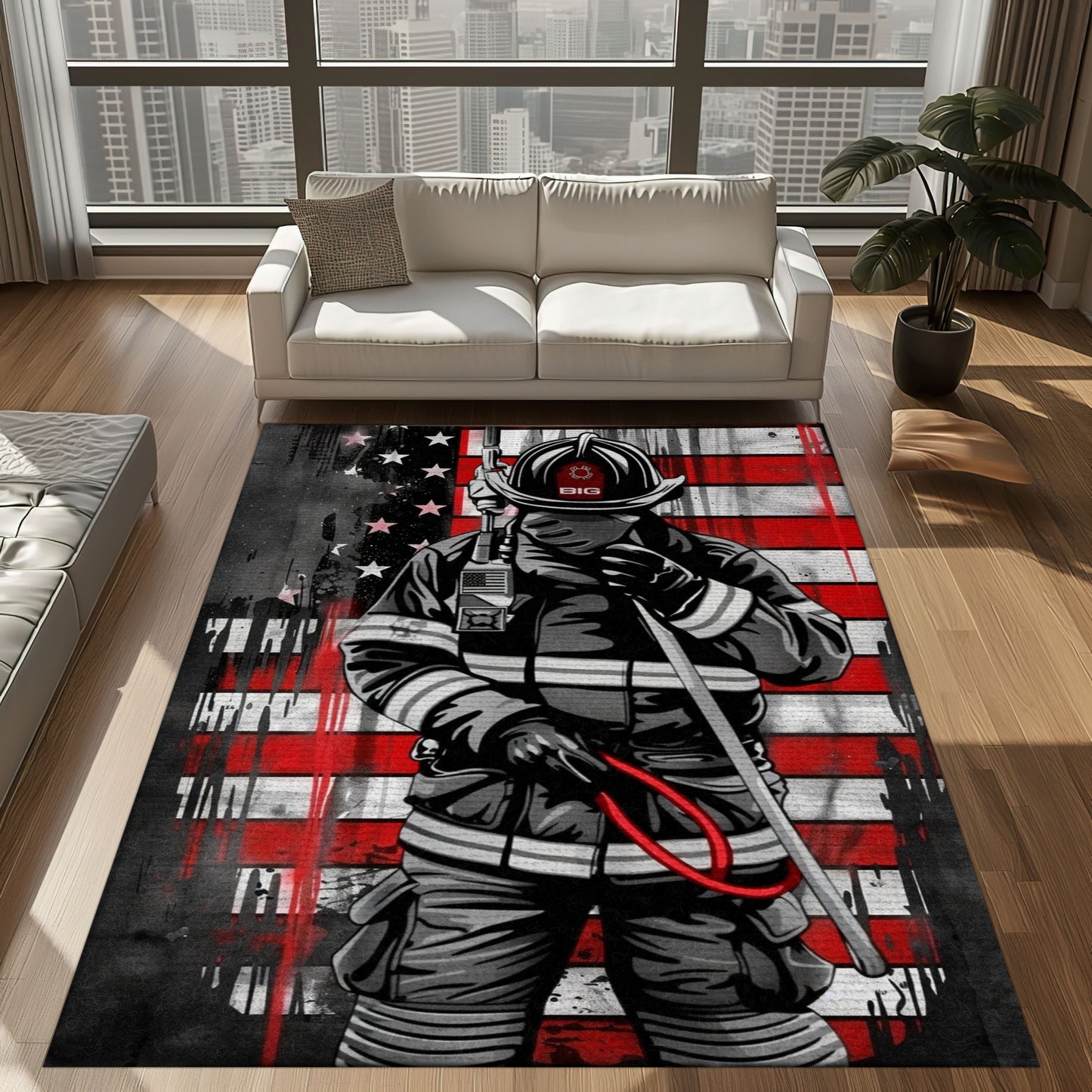 Bold Fire Truck in Front of the USA Flag Area Rug: Show Support for First Responders and Nation, Firefighter Rugs for Living Room Bedroom, Firefighter Rectangular Rugs Full Size FR60