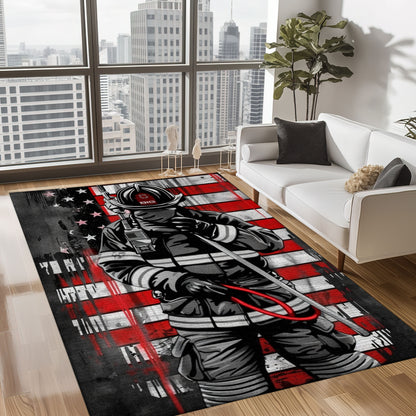 Bold Fire Truck in Front of the USA Flag Area Rug: Show Support for First Responders and Nation, Firefighter Rugs for Living Room Bedroom, Firefighter Rectangular Rugs Full Size FR60