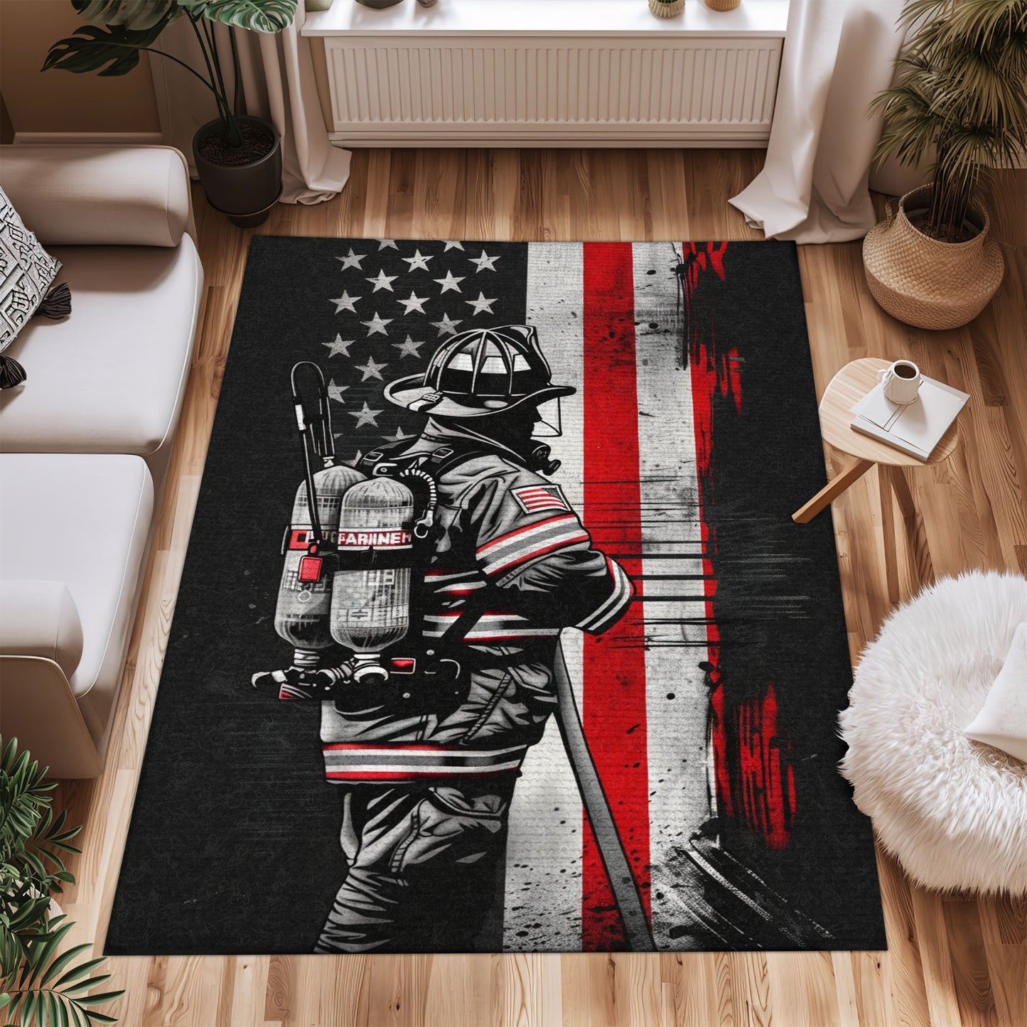 Bold Fire Truck in Front of the USA Flag Area Rug: Show Support for First Responders and Nation, Firefighter Rugs for Living Room Bedroom, Firefighter Rectangular Rugs Full Size FR60