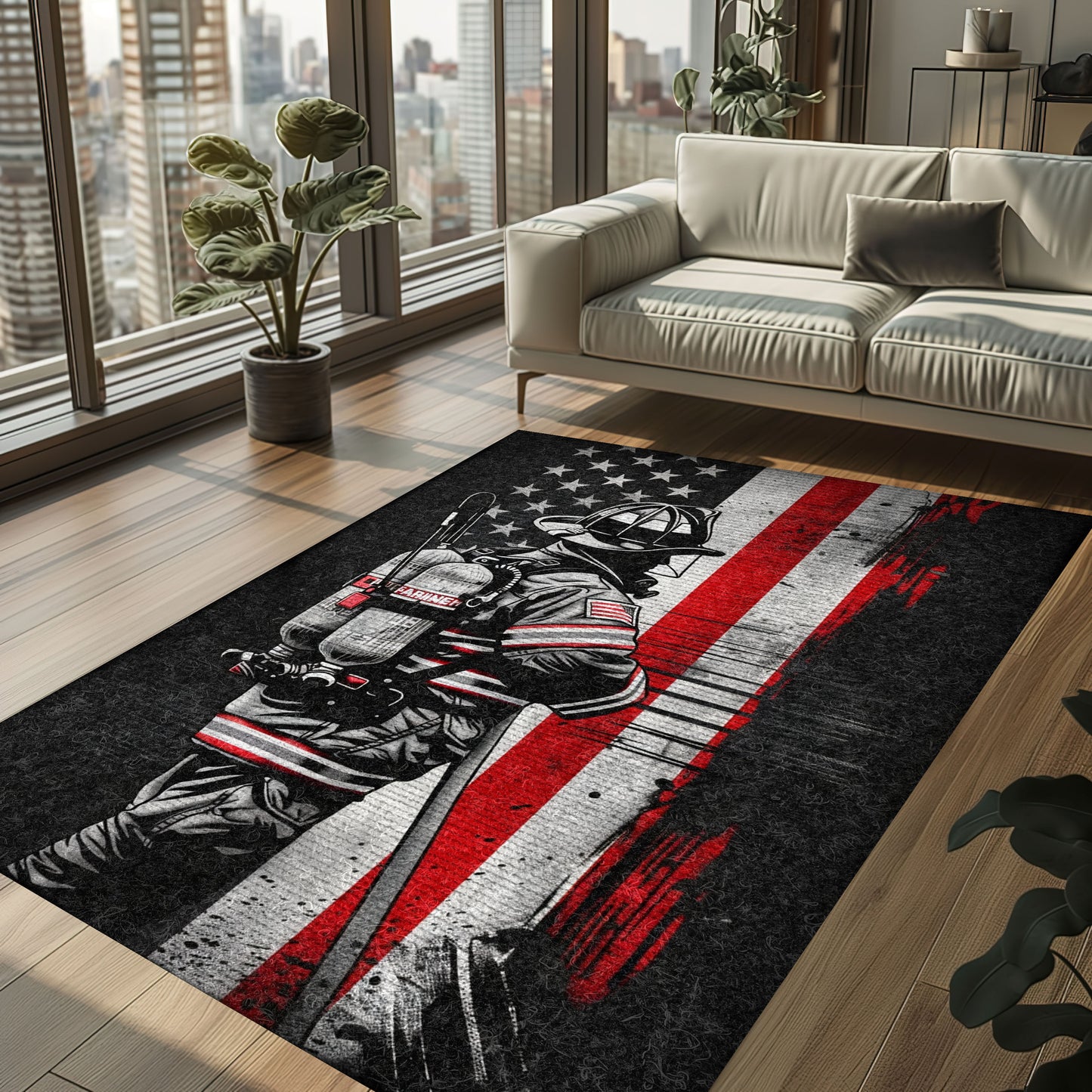 Bold Fire Truck in Front of the USA Flag Area Rug: Show Support for First Responders and Nation, Firefighter Rugs for Living Room Bedroom, Firefighter Rectangular Rugs Full Size FR60