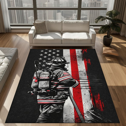 Bold Fire Truck in Front of the USA Flag Area Rug: Show Support for First Responders and Nation, Firefighter Rugs for Living Room Bedroom, Firefighter Rectangular Rugs Full Size FR60