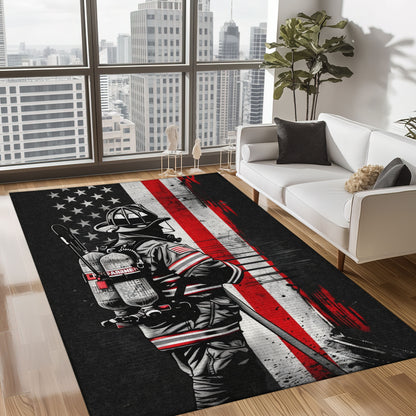 Bold Fire Truck in Front of the USA Flag Area Rug: Show Support for First Responders and Nation, Firefighter Rugs for Living Room Bedroom, Firefighter Rectangular Rugs Full Size FR60