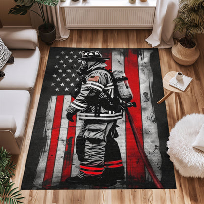 Bold Fire Truck in Front of the USA Flag Area Rug: Show Support for First Responders and Nation, Firefighter Rugs for Living Room Bedroom, Firefighter Rectangular Rugs Full Size FR60