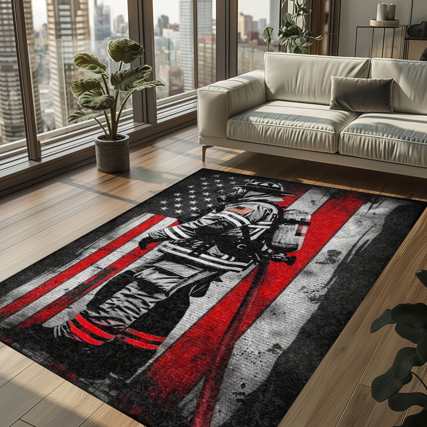 Bold Fire Truck in Front of the USA Flag Area Rug: Show Support for First Responders and Nation, Firefighter Rugs for Living Room Bedroom, Firefighter Rectangular Rugs Full Size FR60