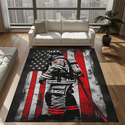 Red, White, and Heroic: Personalized American Flag Firefighter Rug, Firefighter Rugs for Living Room Bedroom, Firefighter Rectangular Rugs Full Size FR167