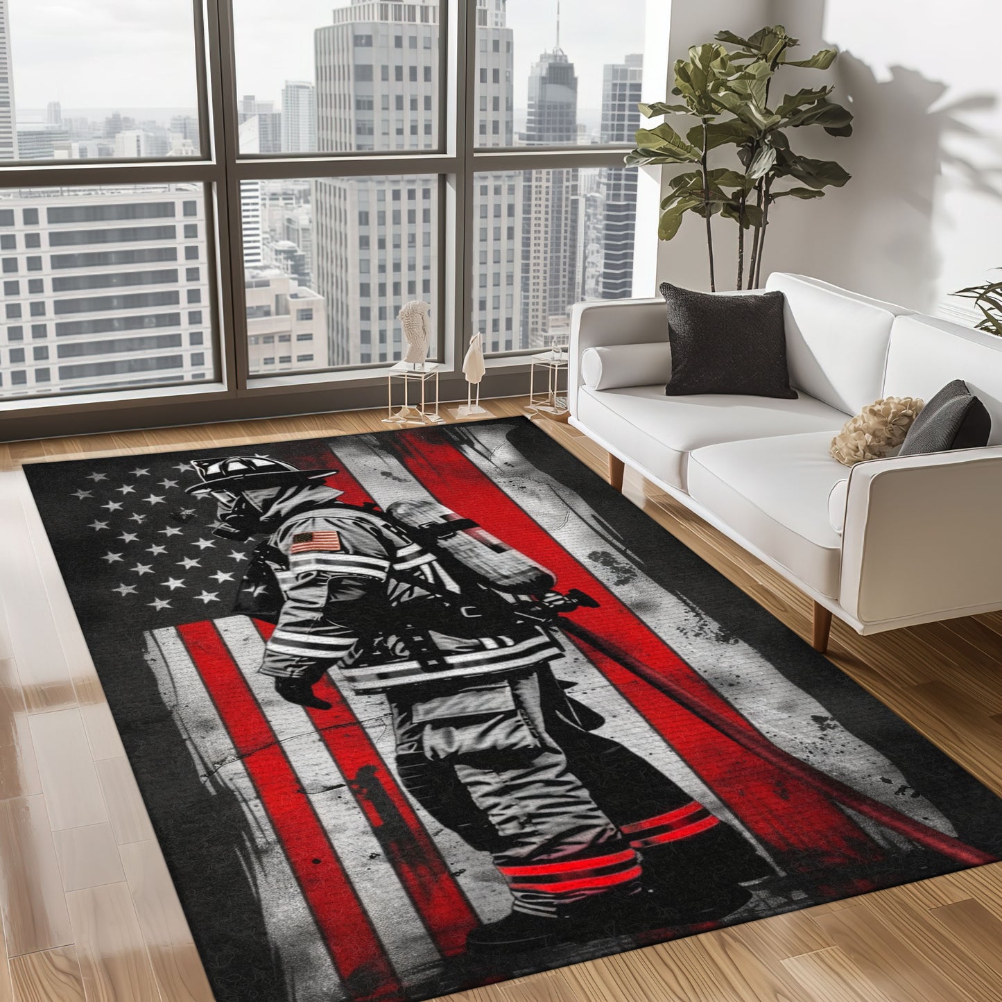 Bold Fire Truck in Front of the USA Flag Area Rug: Show Support for First Responders and Nation, Firefighter Rugs for Living Room Bedroom, Firefighter Rectangular Rugs Full Size FR60