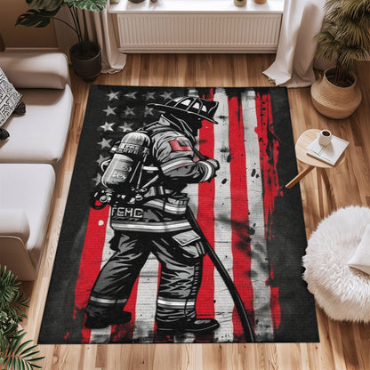 Bold Fire Truck in Front of the USA Flag Area Rug: Show Support for First Responders and Nation, Firefighter Rugs for Living Room Bedroom, Firefighter Rectangular Rugs Full Size FR60