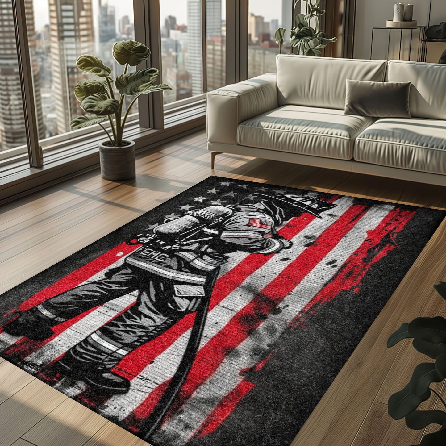 Bold Fire Truck in Front of the USA Flag Area Rug: Show Support for First Responders and Nation, Firefighter Rugs for Living Room Bedroom, Firefighter Rectangular Rugs Full Size FR60