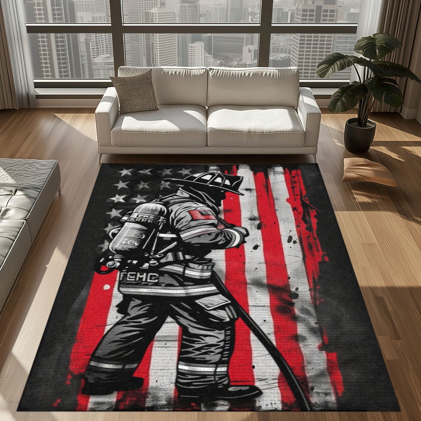 Bold Fire Truck in Front of the USA Flag Area Rug: Show Support for First Responders and Nation, Firefighter Rugs for Living Room Bedroom, Firefighter Rectangular Rugs Full Size FR60