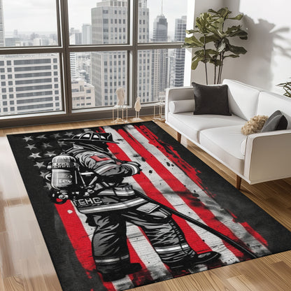 Bold Fire Truck in Front of the USA Flag Area Rug: Show Support for First Responders and Nation, Firefighter Rugs for Living Room Bedroom, Firefighter Rectangular Rugs Full Size FR60