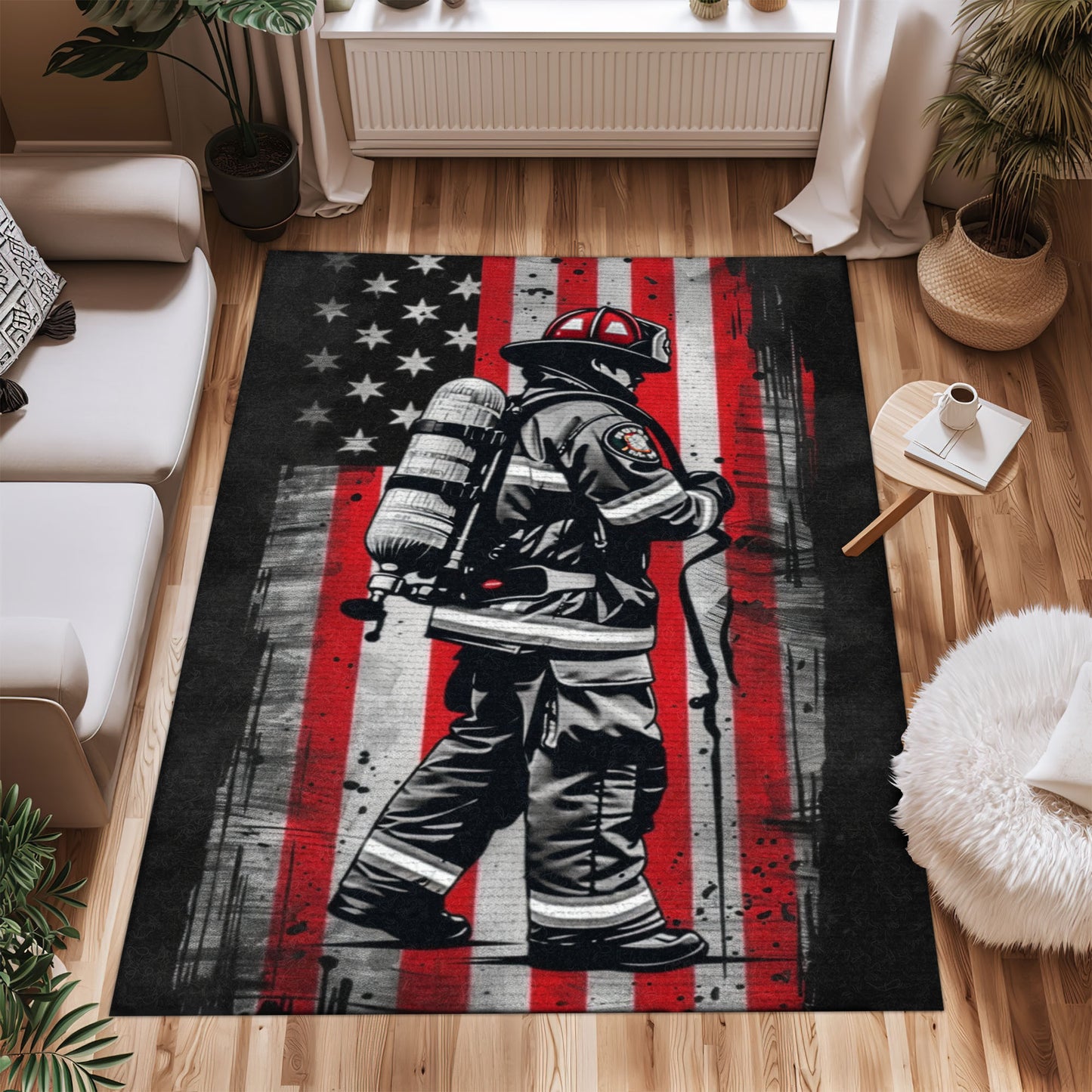 Bold Fire Truck in Front of the USA Flag Area Rug: Show Support for First Responders and Nation, Firefighter Rugs for Living Room Bedroom, Firefighter Rectangular Rugs Full Size FR60