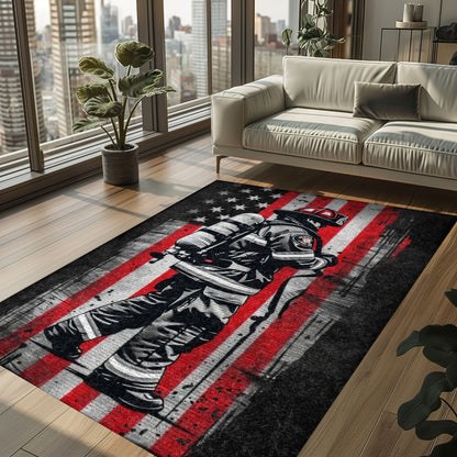 Bold Fire Truck in Front of the USA Flag Area Rug: Show Support for First Responders and Nation, Firefighter Rugs for Living Room Bedroom, Firefighter Rectangular Rugs Full Size FR60