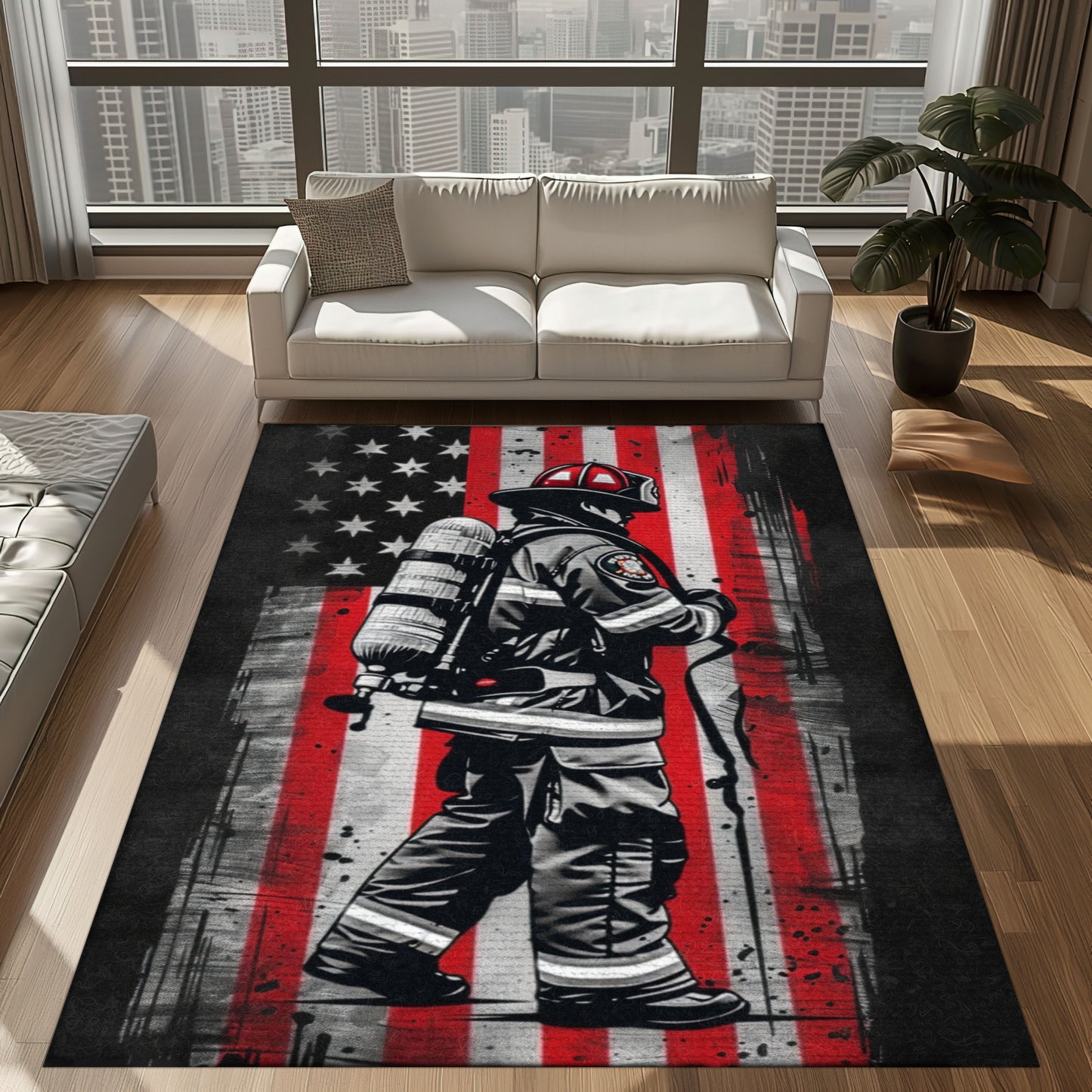 Bold Fire Truck in Front of the USA Flag Area Rug: Show Support for First Responders and Nation, Firefighter Rugs for Living Room Bedroom, Firefighter Rectangular Rugs Full Size FR60