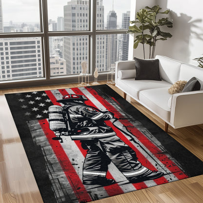 Bold Fire Truck in Front of the USA Flag Area Rug: Show Support for First Responders and Nation, Firefighter Rugs for Living Room Bedroom, Firefighter Rectangular Rugs Full Size FR60