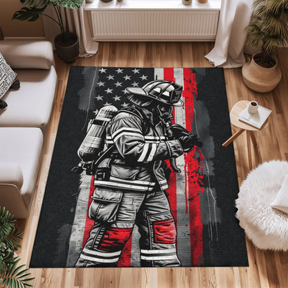 Bold Fire Truck in Front of the USA Flag Area Rug: Show Support for First Responders and Nation, Firefighter Rugs for Living Room Bedroom, Firefighter Rectangular Rugs Full Size FR60