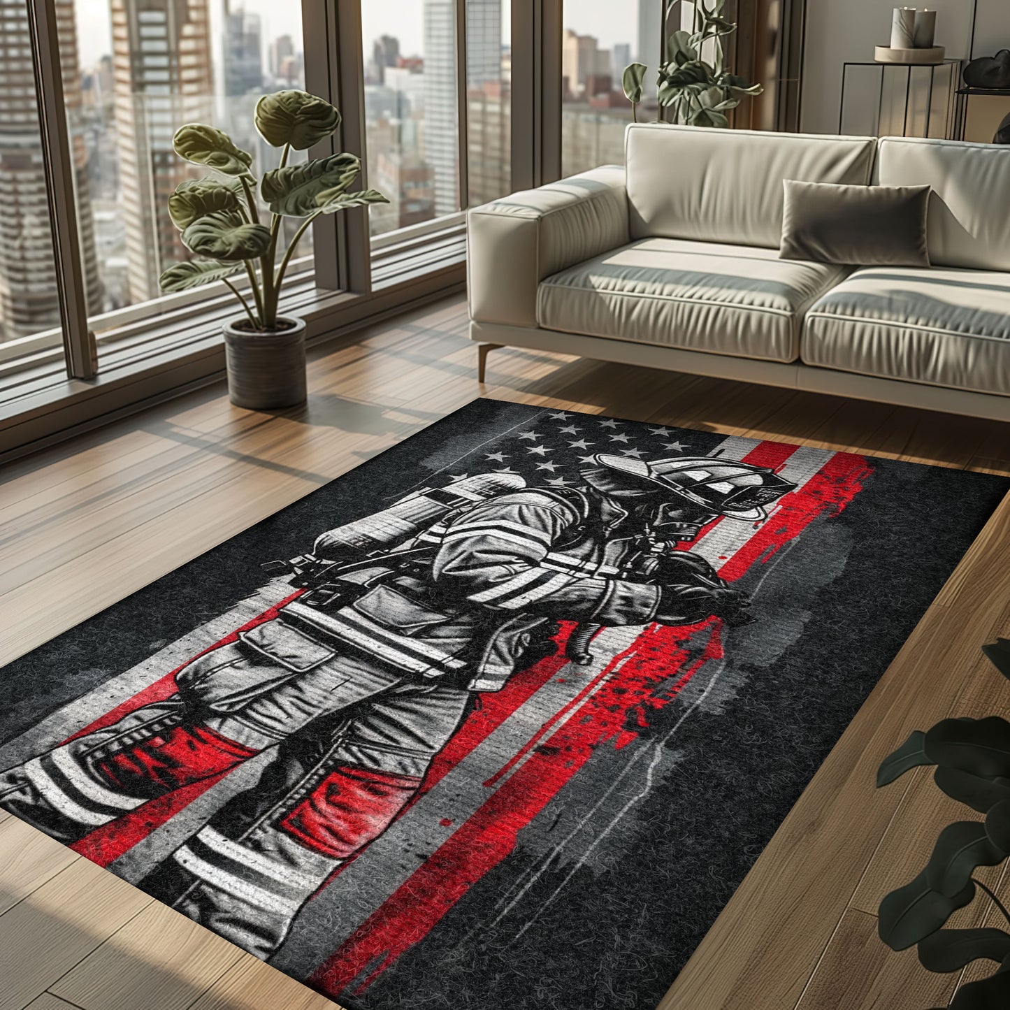 Bold Fire Truck in Front of the USA Flag Area Rug: Show Support for First Responders and Nation, Firefighter Rugs for Living Room Bedroom, Firefighter Rectangular Rugs Full Size FR60