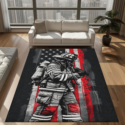 Bold Fire Truck in Front of the USA Flag Area Rug: Show Support for First Responders and Nation, Firefighter Rugs for Living Room Bedroom, Firefighter Rectangular Rugs Full Size FR60