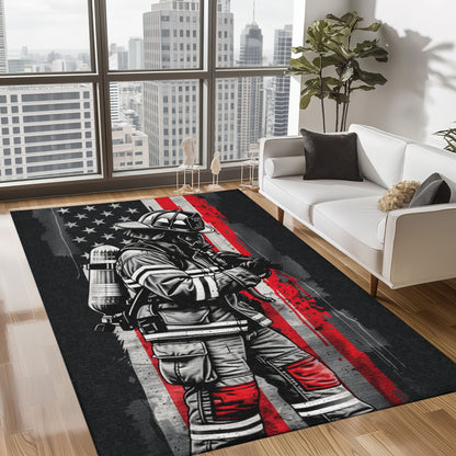 Bold Fire Truck in Front of the USA Flag Area Rug: Show Support for First Responders and Nation, Firefighter Rugs for Living Room Bedroom, Firefighter Rectangular Rugs Full Size FR60