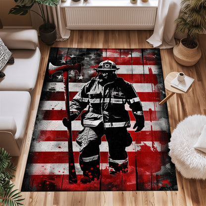 Bold Fire Truck in Front of the USA Flag Area Rug: Show Support for First Responders and Nation, Firefighter Rugs for Living Room Bedroom, Firefighter Rectangular Rugs Full Size FR60