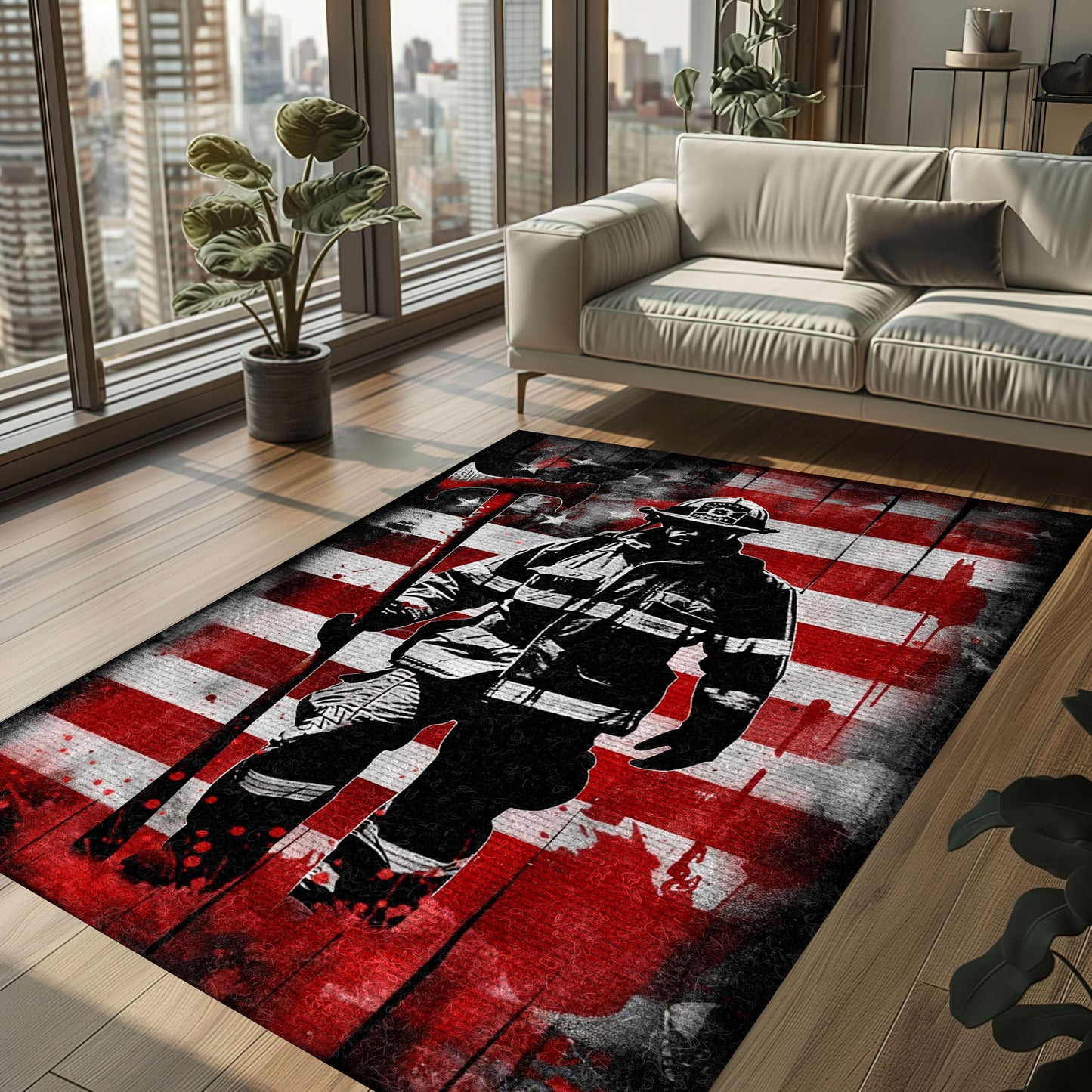 Bold Fire Truck in Front of the USA Flag Area Rug: Show Support for First Responders and Nation, Firefighter Rugs for Living Room Bedroom, Firefighter Rectangular Rugs Full Size FR60