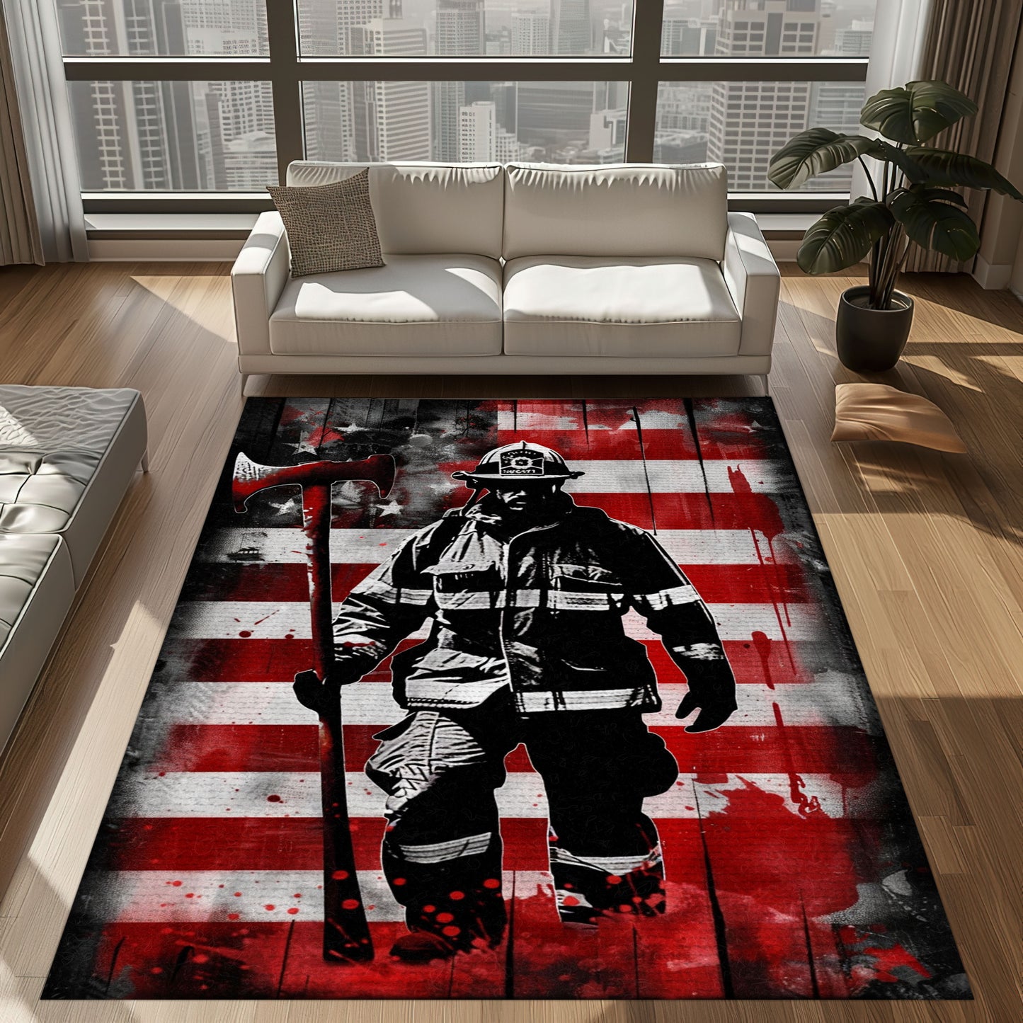 Bold Fire Truck in Front of the USA Flag Area Rug: Show Support for First Responders and Nation, Firefighter Rugs for Living Room Bedroom, Firefighter Rectangular Rugs Full Size FR60