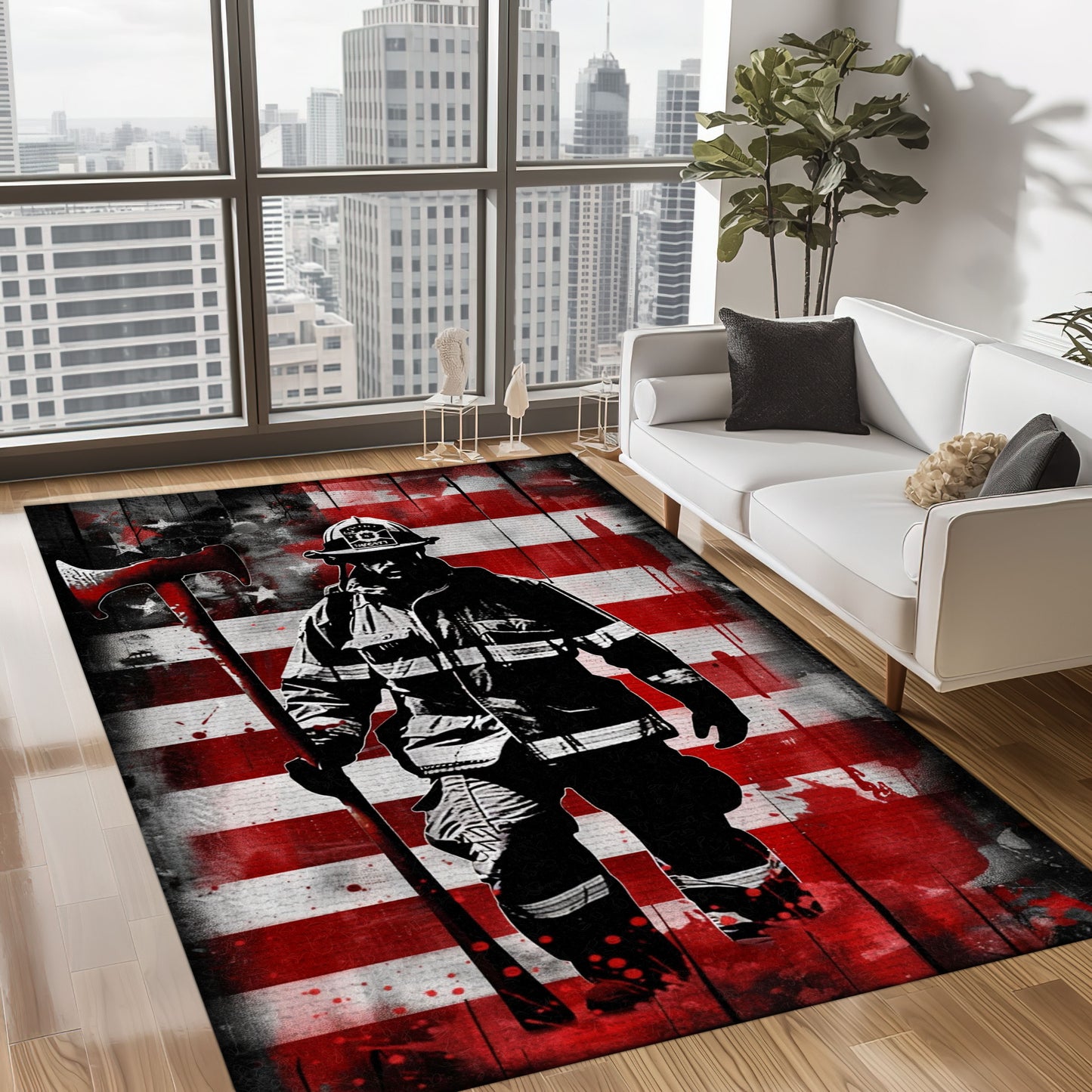 Bold Fire Truck in Front of the USA Flag Area Rug: Show Support for First Responders and Nation, Firefighter Rugs for Living Room Bedroom, Firefighter Rectangular Rugs Full Size FR60