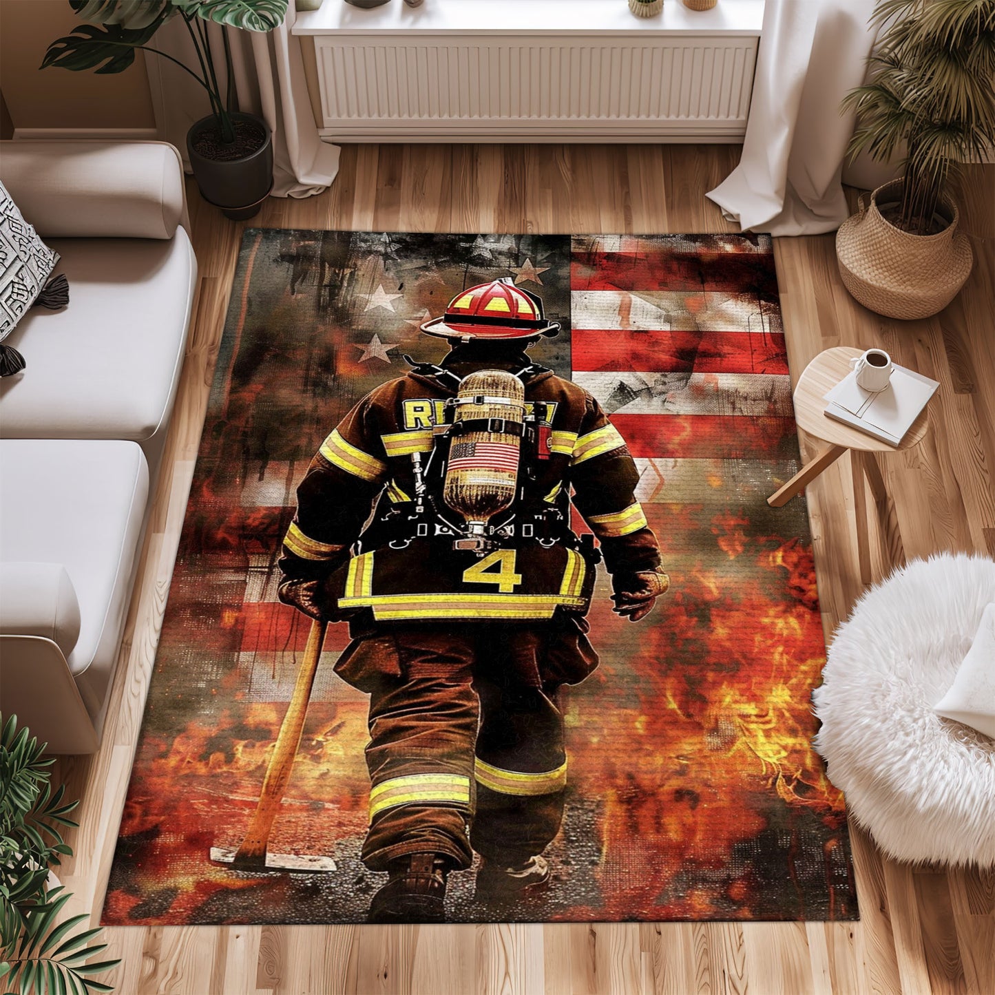 Bold Fire Truck in Front of the USA Flag Area Rug: Show Support for First Responders and Nation, Firefighter Rugs for Living Room Bedroom, Firefighter Rectangular Rugs Full Size FR60