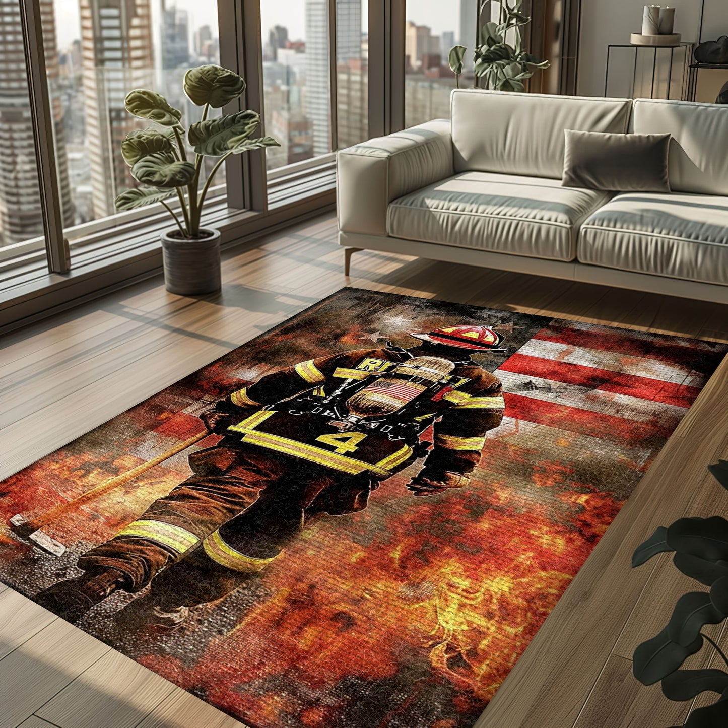 Bold Fire Truck in Front of the USA Flag Area Rug: Show Support for First Responders and Nation, Firefighter Rugs for Living Room Bedroom, Firefighter Rectangular Rugs Full Size FR60