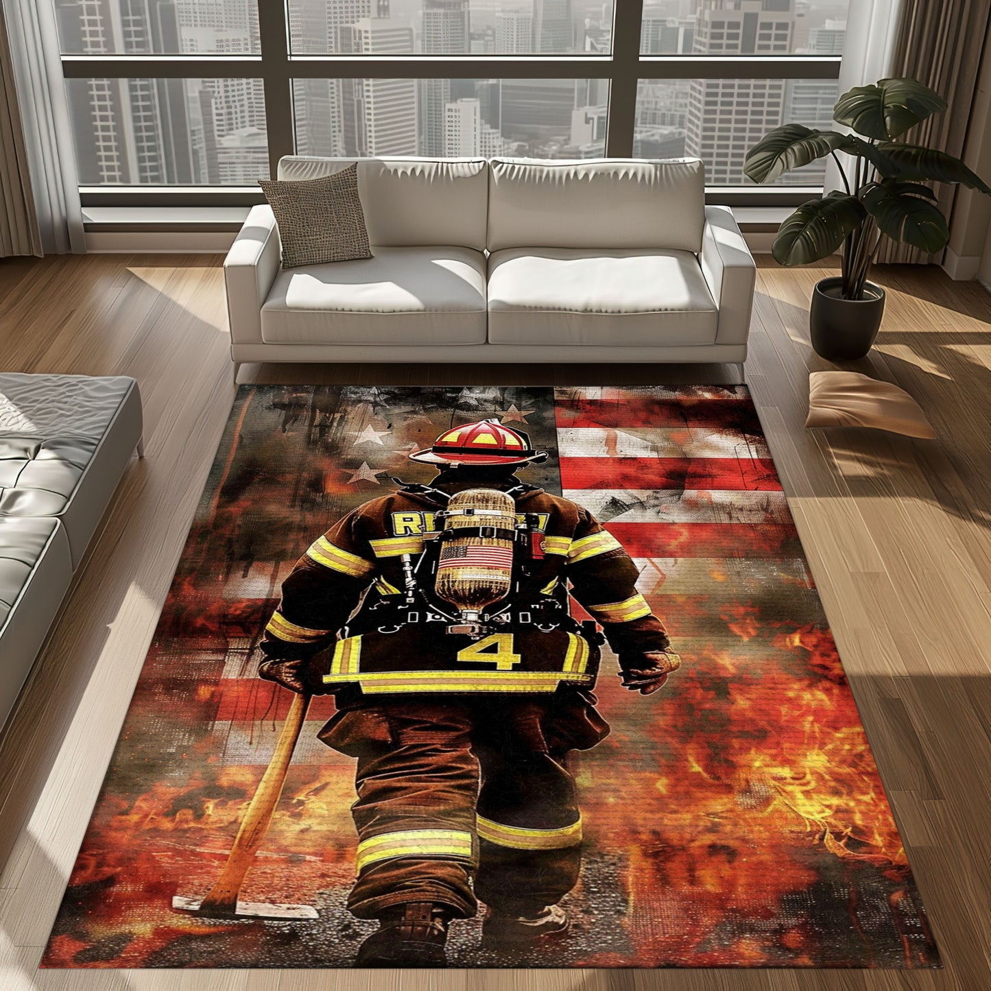 Bold Fire Truck in Front of the USA Flag Area Rug: Show Support for First Responders and Nation, Firefighter Rugs for Living Room Bedroom, Firefighter Rectangular Rugs Full Size FR60