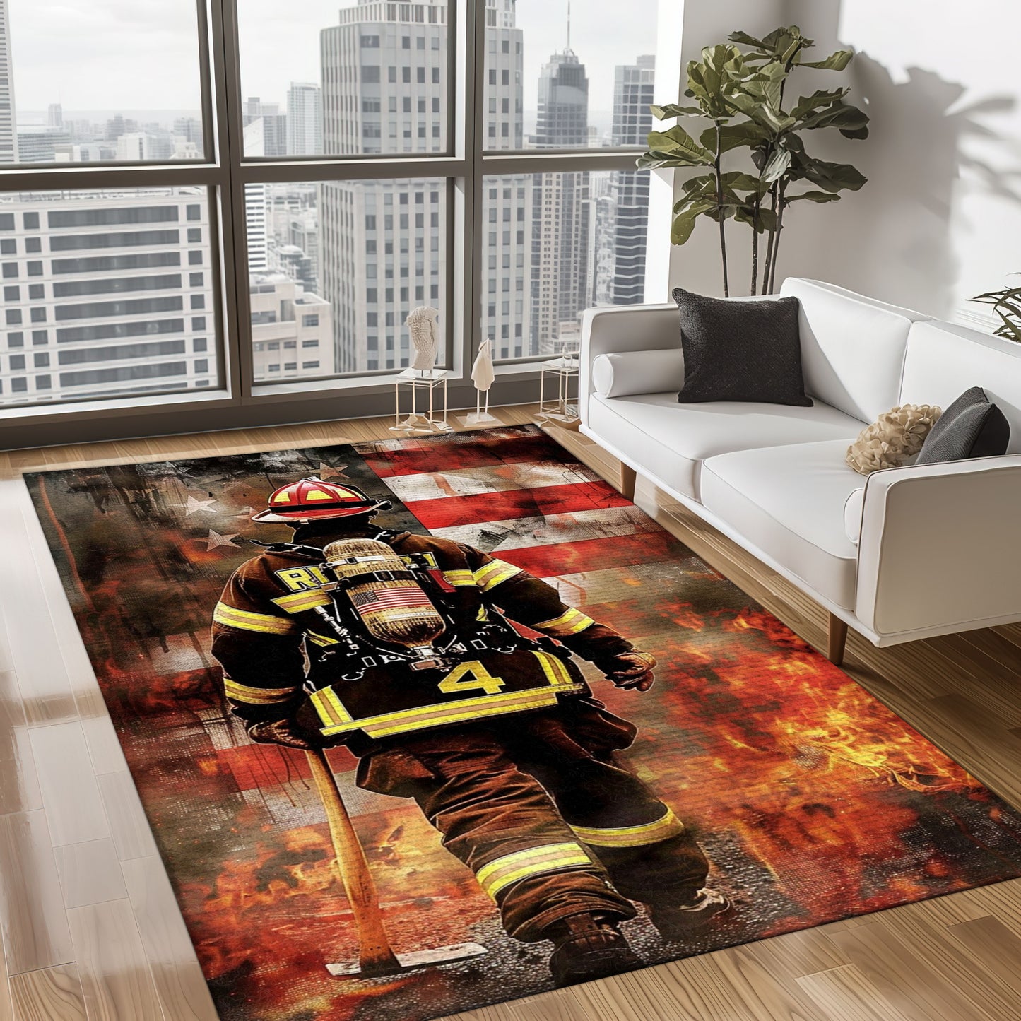 Bold Fire Truck in Front of the USA Flag Area Rug: Show Support for First Responders and Nation, Firefighter Rugs for Living Room Bedroom, Firefighter Rectangular Rugs Full Size FR60