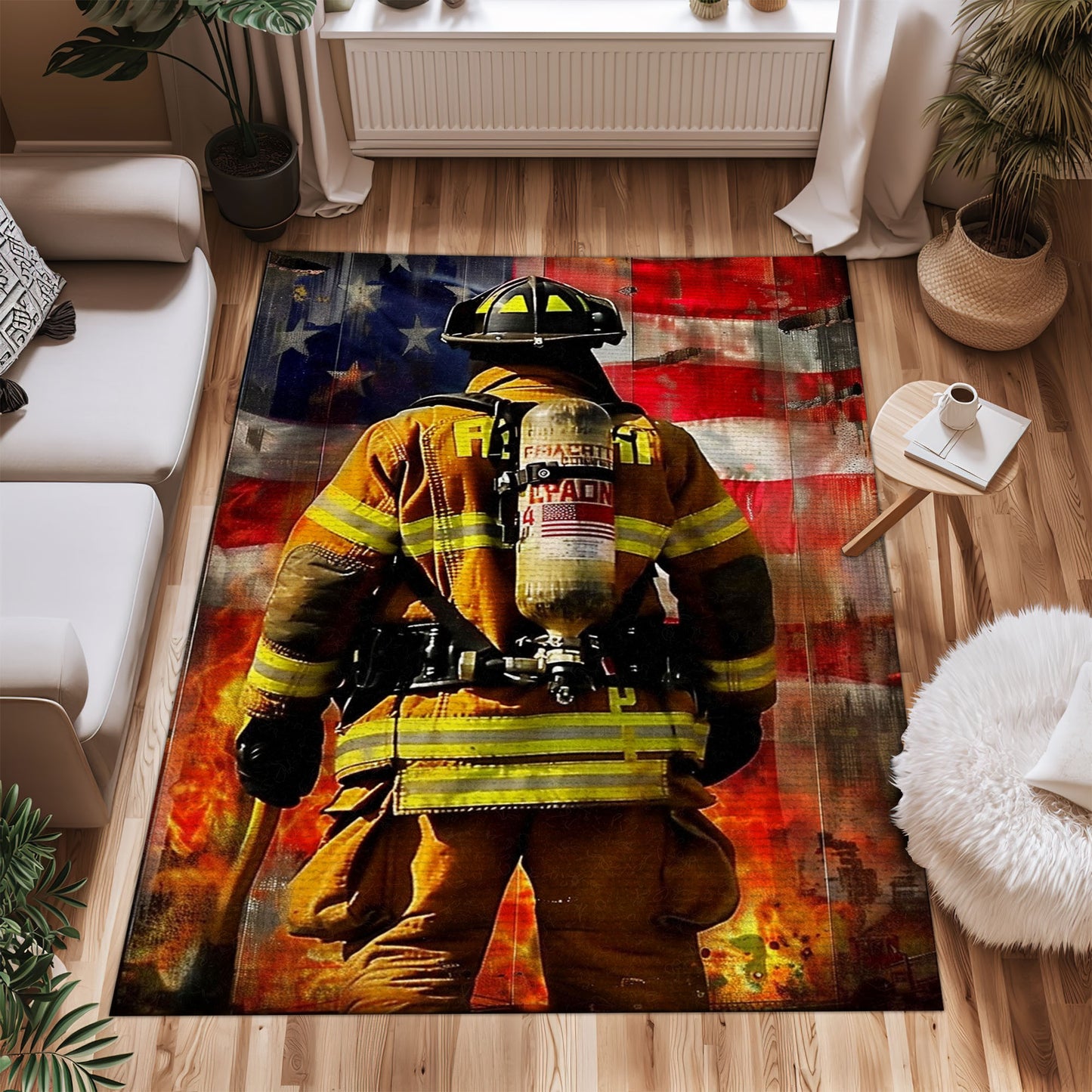 Bold Fire Truck in Front of the USA Flag Area Rug: Show Support for First Responders and Nation, Firefighter Rugs for Living Room Bedroom, Firefighter Rectangular Rugs Full Size FR60