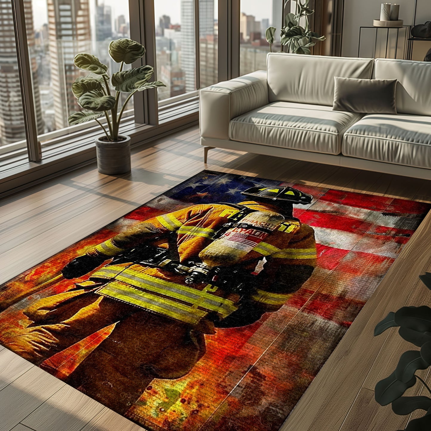 Bold Fire Truck in Front of the USA Flag Area Rug: Show Support for First Responders and Nation, Firefighter Rugs for Living Room Bedroom, Firefighter Rectangular Rugs Full Size FR60